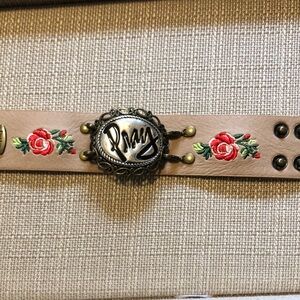 Floral Embroidered Tan Leather Bracelet with Pray pendant